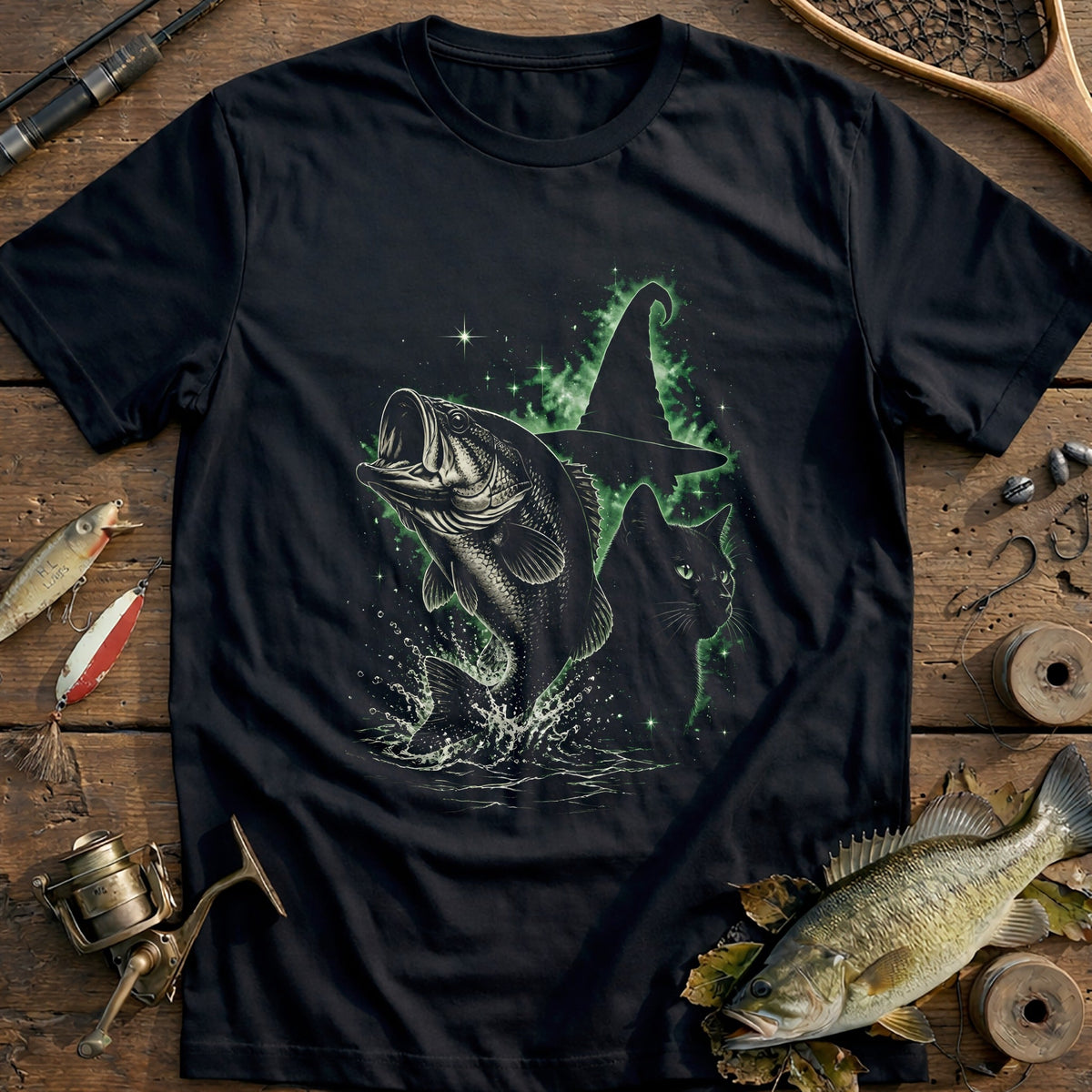 Bass Cat Witchhat Green Fishing T-Shirt US product image 2