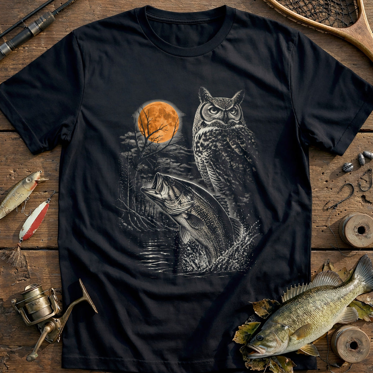 Bass Owl Trees Silver Fishing T-Shirt product image 2