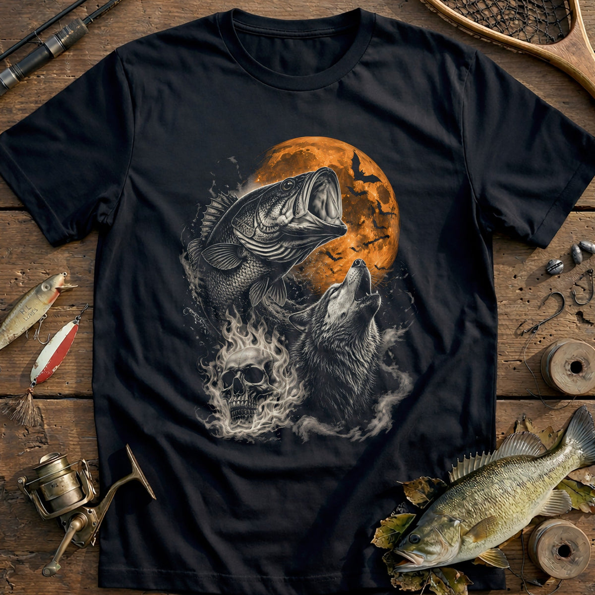 Bass Wolf Flaming Skull Fishing T-Shirt EU product image 3