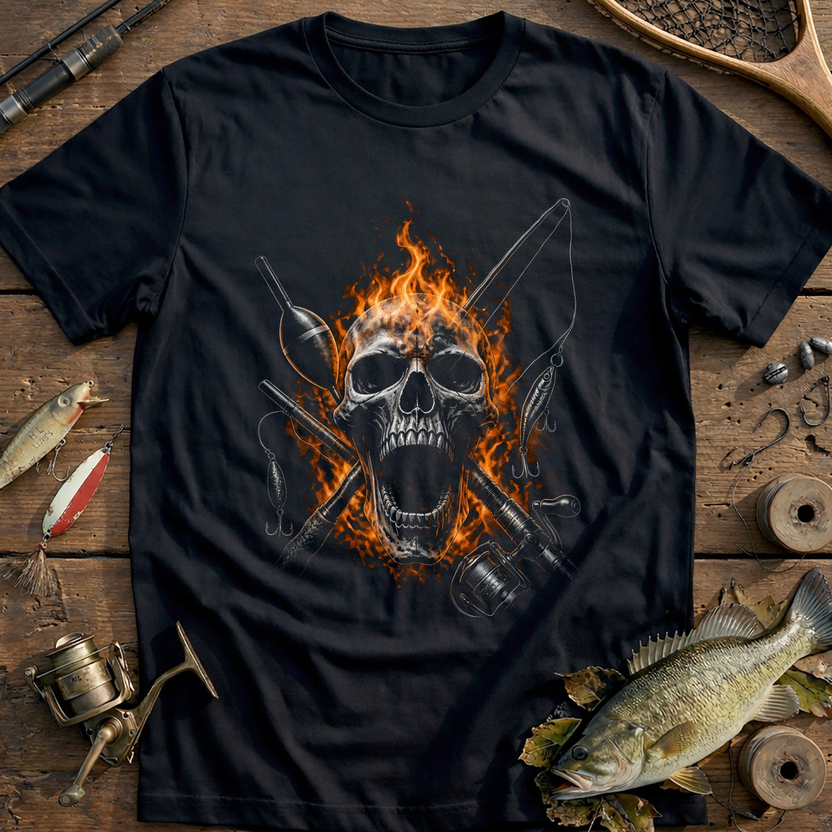 Flaming Skull Rod Tackle Fishing T-Shirt AU product image 2