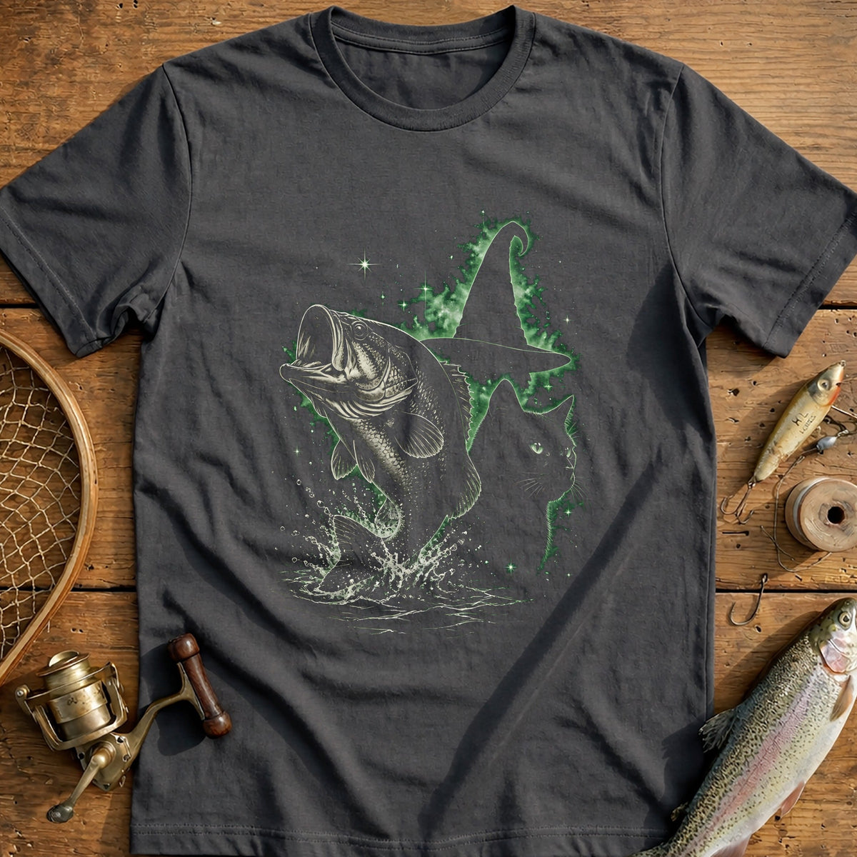 Bass Cat Witchhat Green Fishing T-Shirt US product image 3
