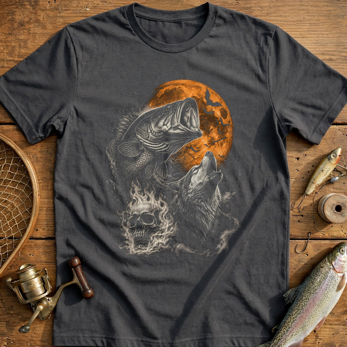 Bass Wolf Flaming Skull Fishing T-Shirt US product image 1