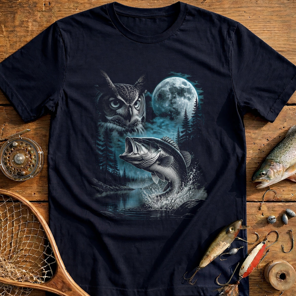 Bass Owl Full Moon Fishing T-Shirt product image 3
