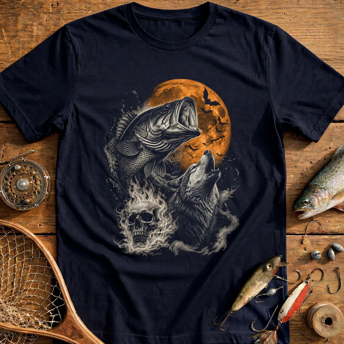Bass Wolf Flaming Skull Fishing T-Shirt EU product image 2