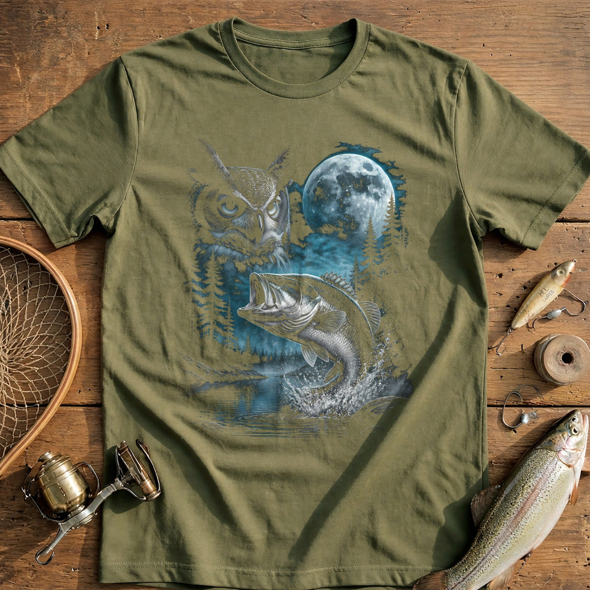 Bass Owl Full Moon Fishing T-Shirt product image 4