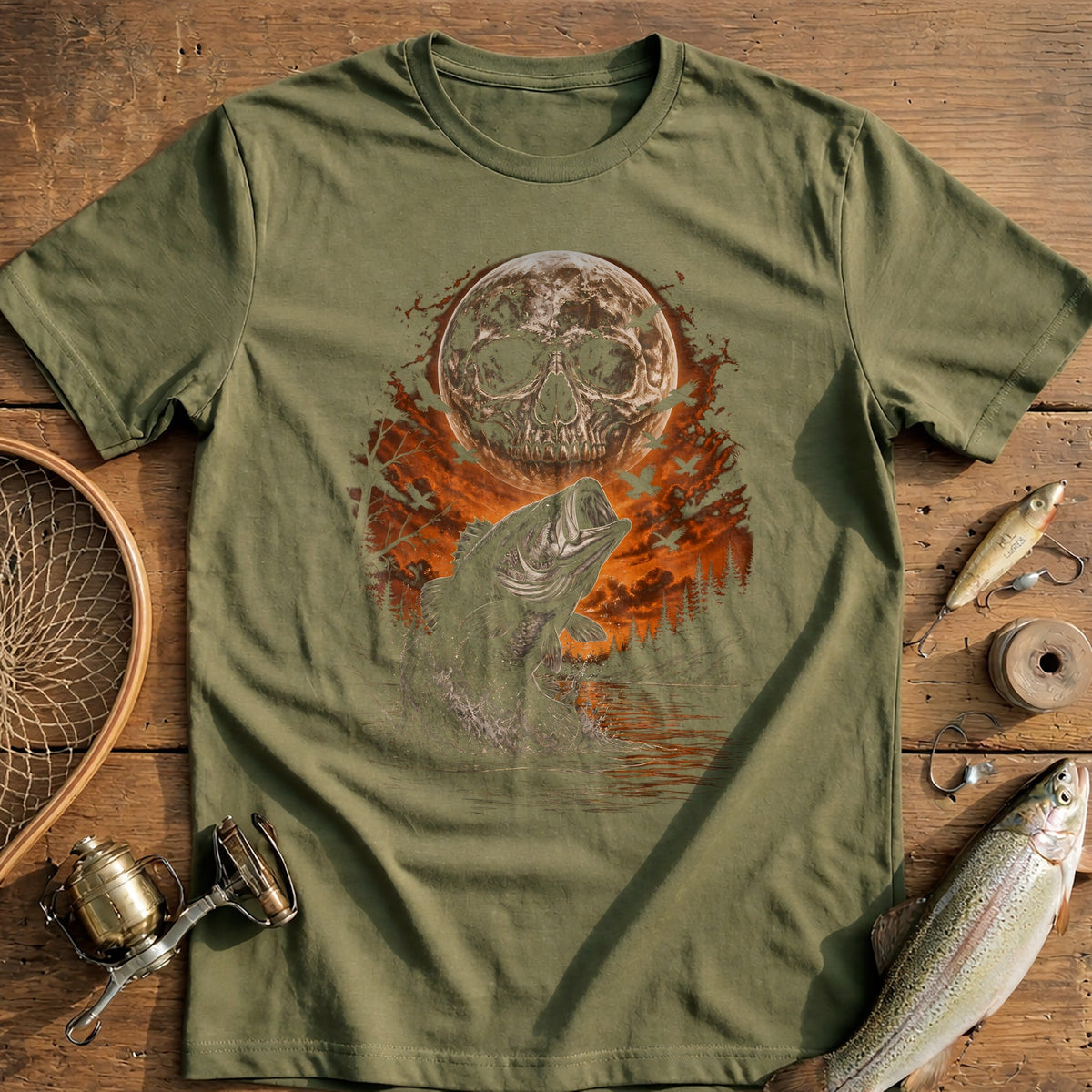 Bass Skull Moon Crows Fishing T-Shirt US product image 4