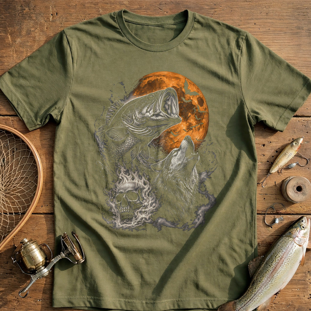 Bass Wolf Flaming Skull Fishing T-Shirt product image 4
