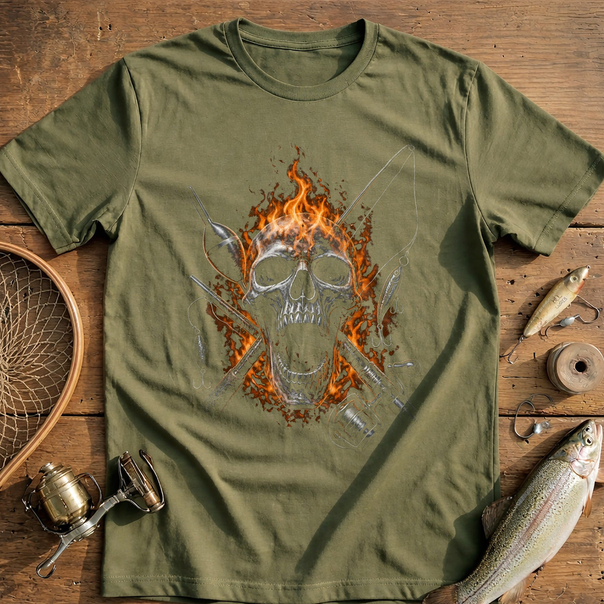 Flaming Skull Rod Tackle Fishing T-Shirt US product image 4