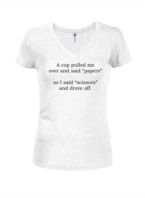 A cop pulled me over and said papers Juniors V Neck T-Shirt product image 2